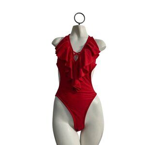 Lommitti Red Halter Neck Ruffled One-Piece Swimsuit Sz L
